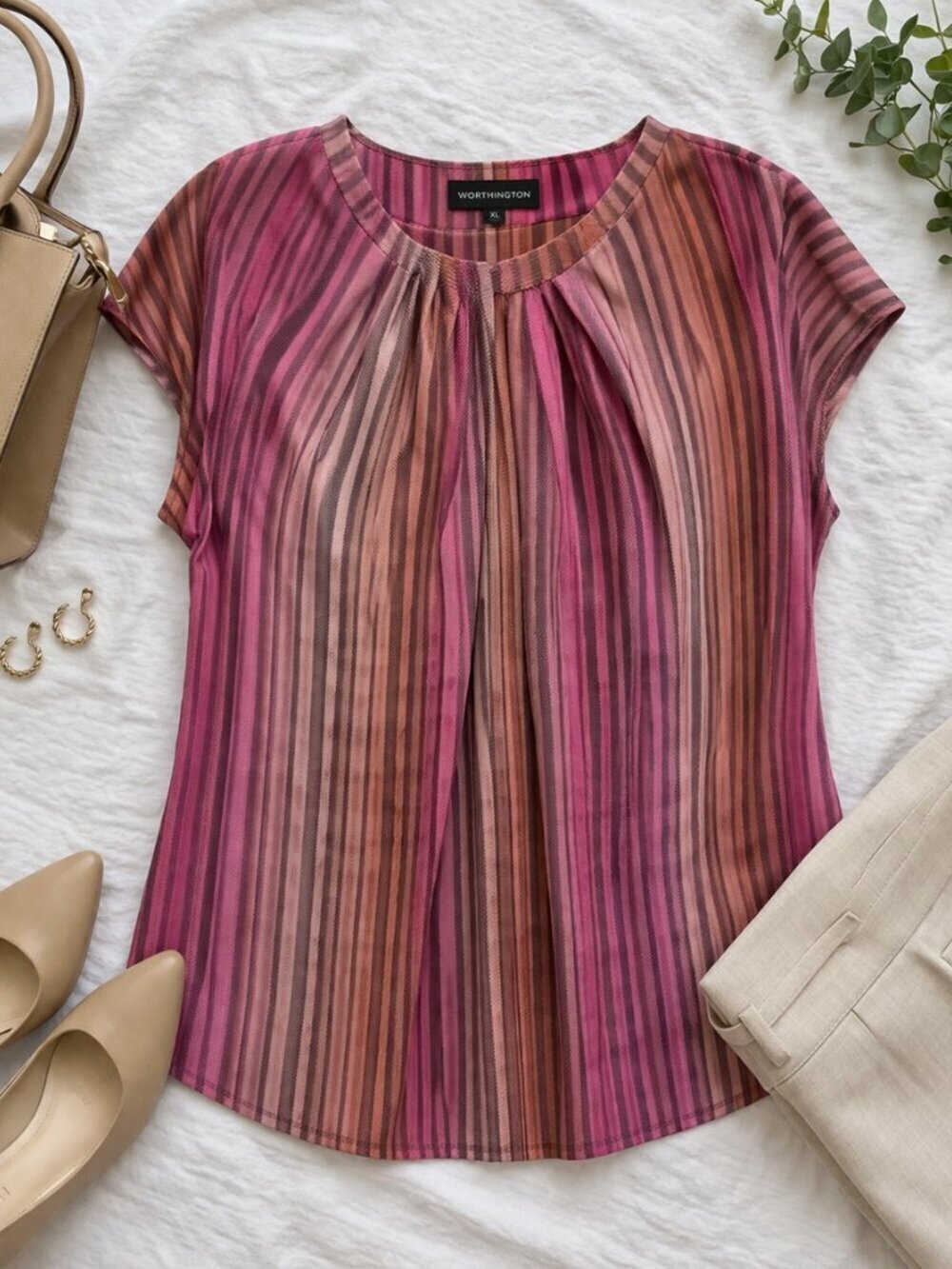 Worthington Multicolor Striped Blouse XL Cap Sleeve Workwear Top
